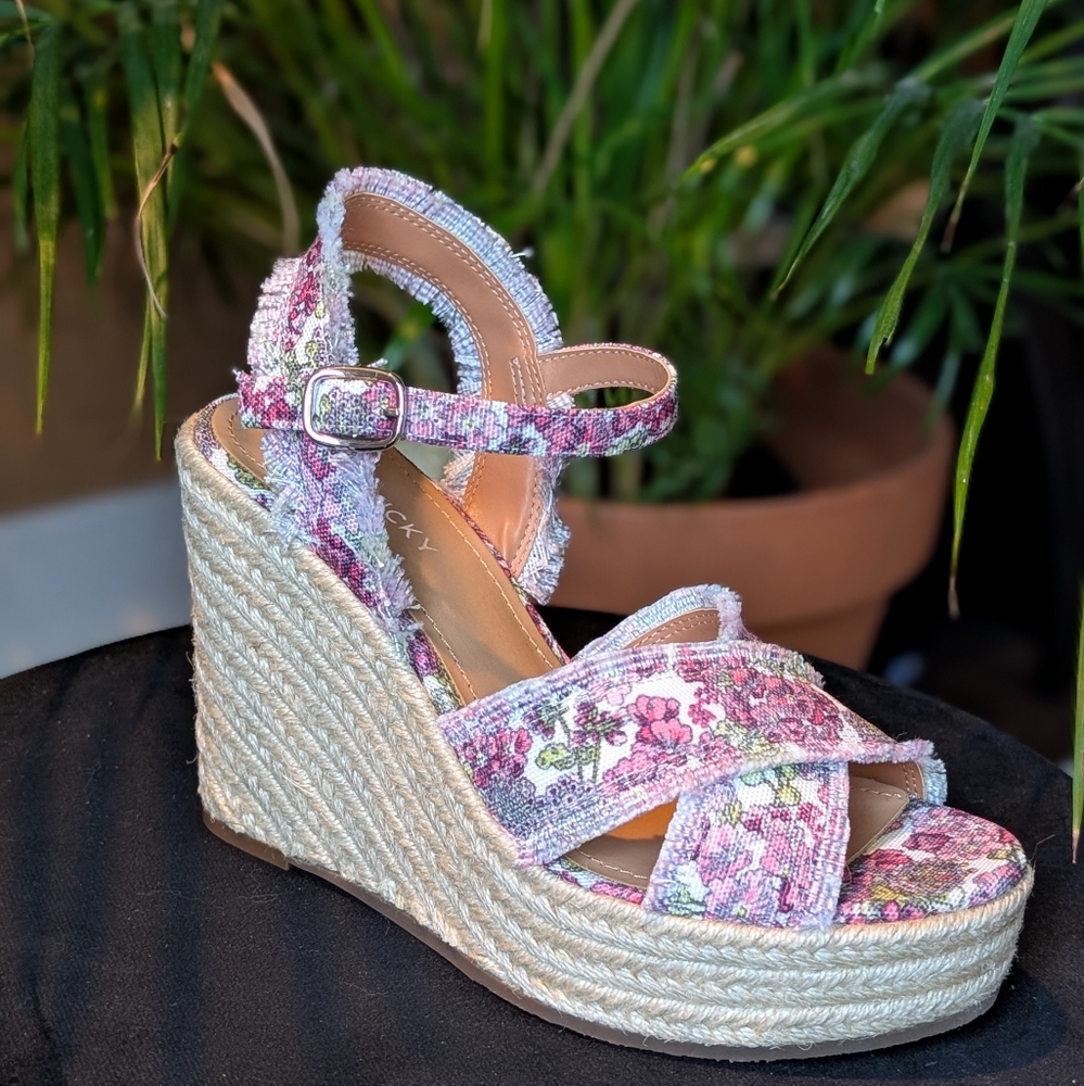Pink Floral Espadrille Wedge Sandals with Ankle Strap
